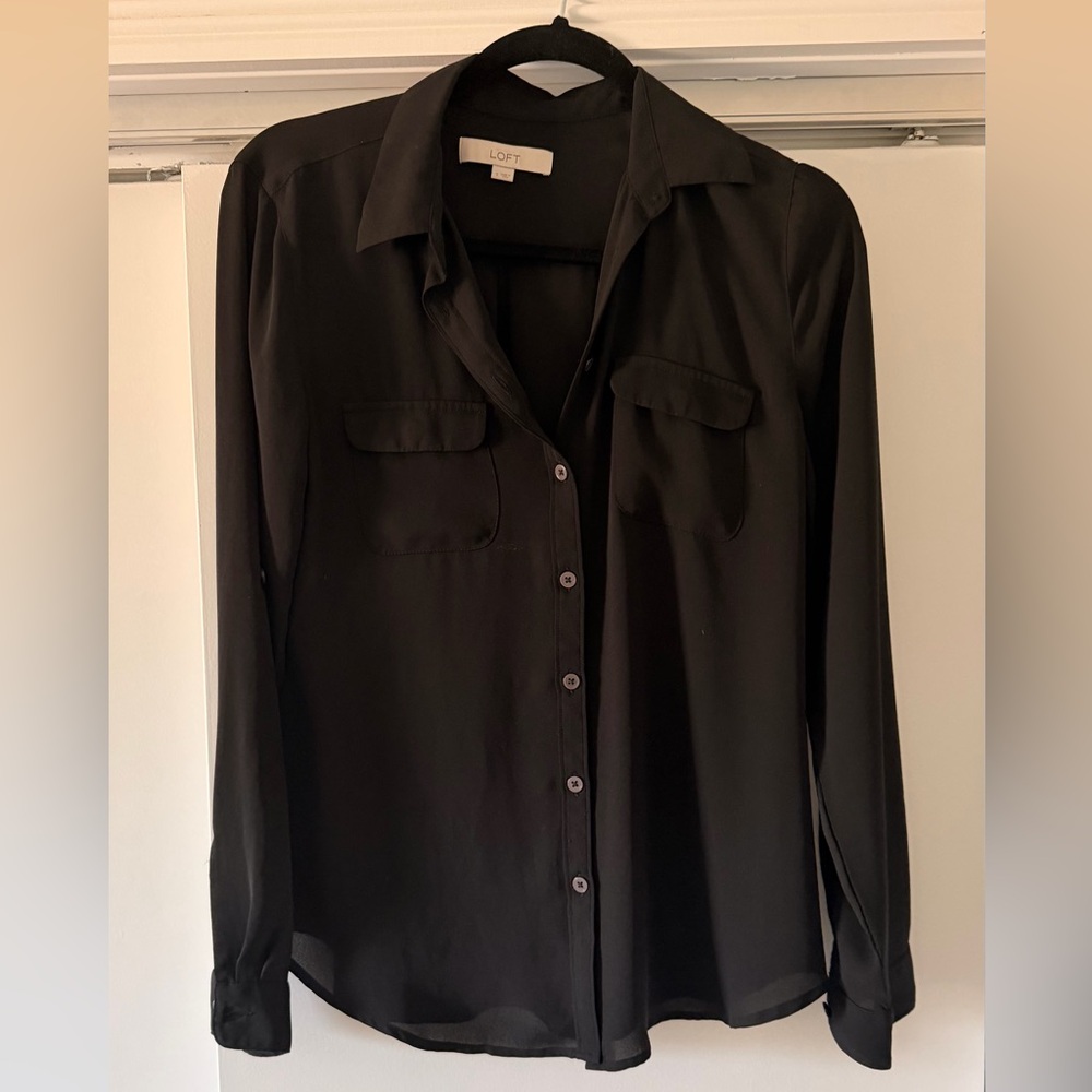 LOFT Black Long-Sleeve Sheer Button-Up Shirt